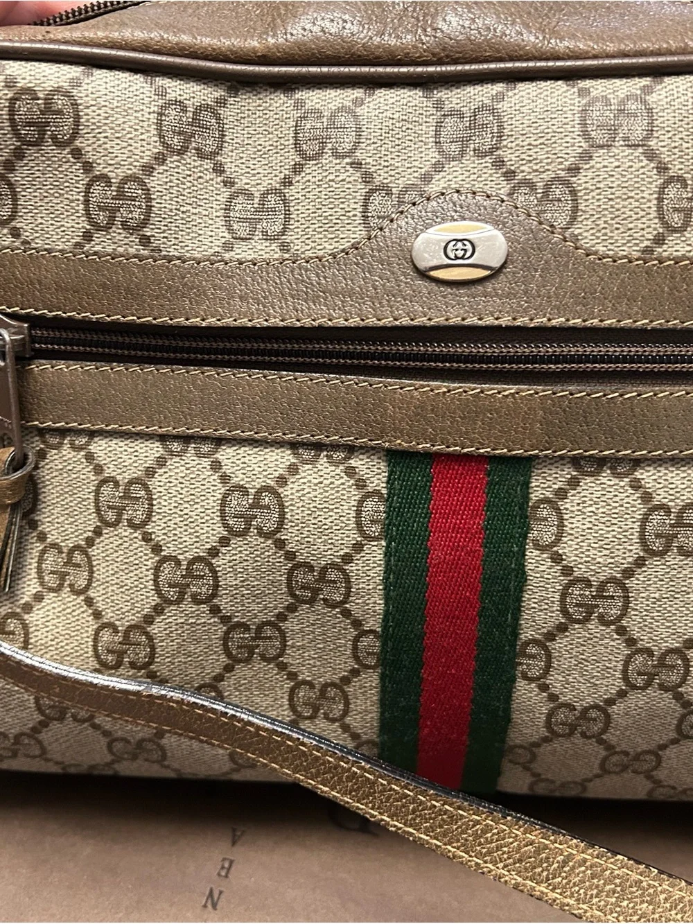 Gucci Beige Brown Monogram Canvas Backpack with Green-Red Web